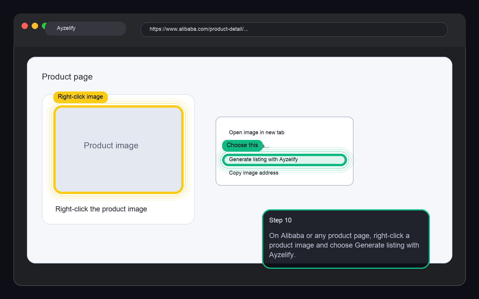 Ayzelify Chrome extension right-click Generate with Ayzelify workflow