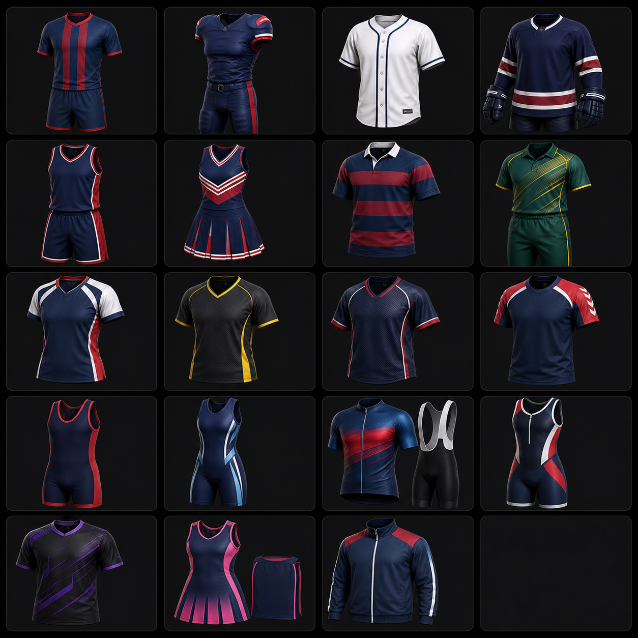 Ayzelify sportswear and team athletics product icon sheet for AI sportswear design workflows
