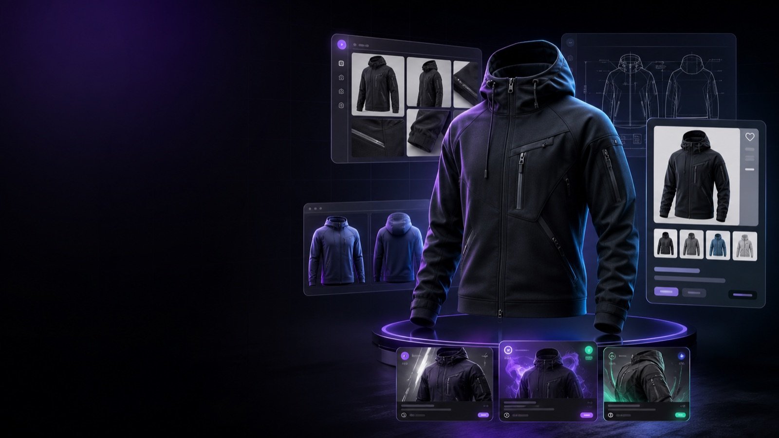 Ayzelify commerce studio workflow for design, photoshoot, listing, and advertising assets