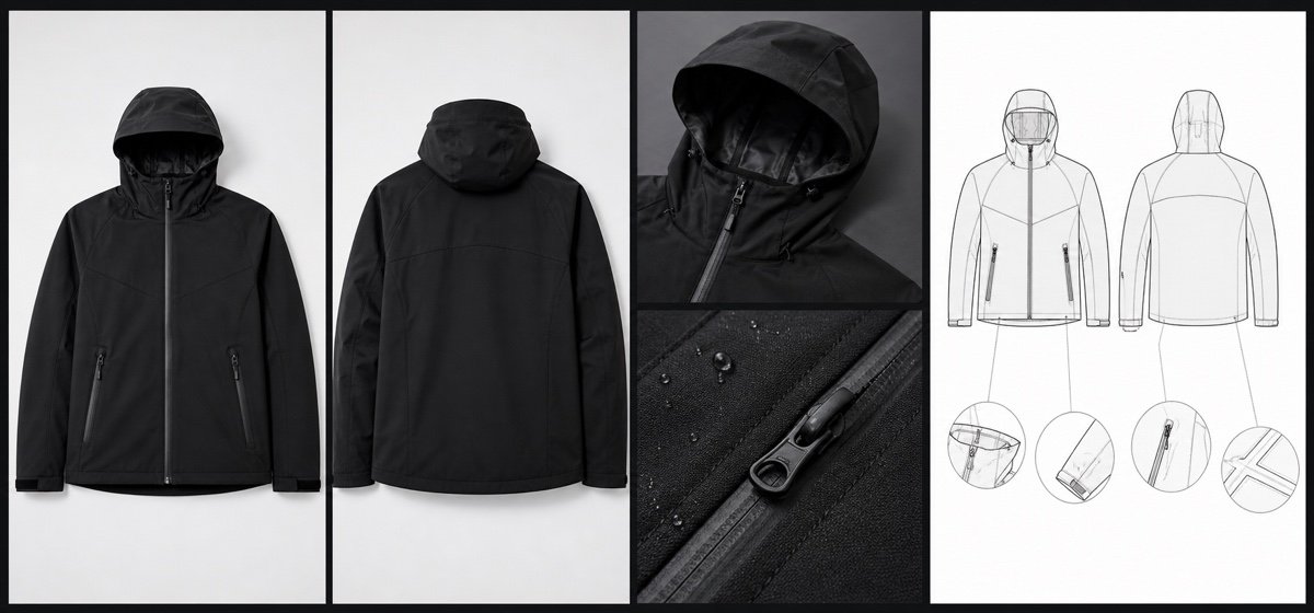 Ayzelify product output gallery showing front back detail material and technical jacket views